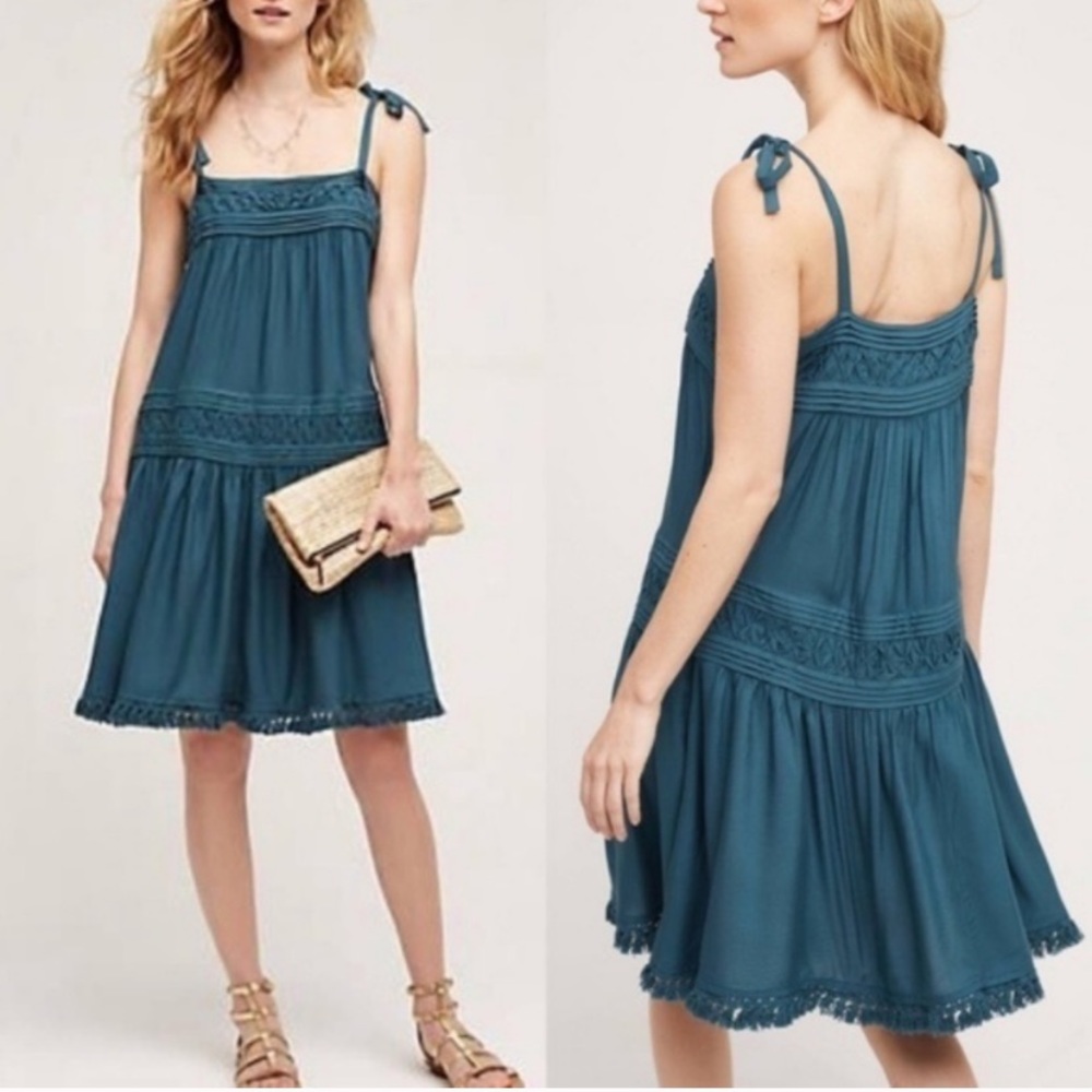 Floreat Anthro Senna Swing Teal Fringed Boho Dress